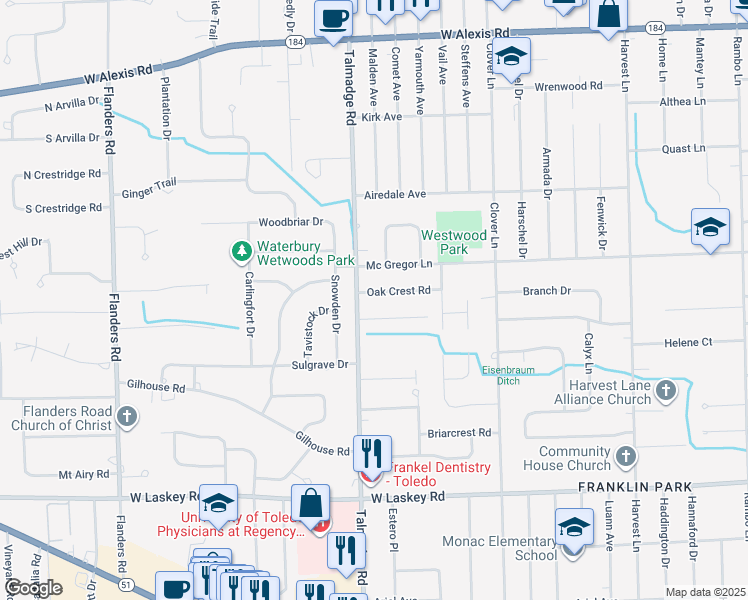 map of restaurants, bars, coffee shops, grocery stores, and more near 4231 Oak Crest Road in Toledo