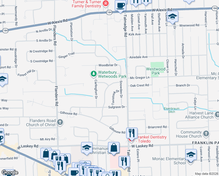 map of restaurants, bars, coffee shops, grocery stores, and more near 5322 Fredelia Drive in Toledo