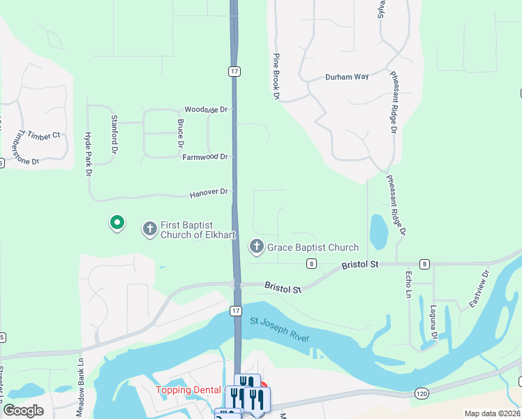 map of restaurants, bars, coffee shops, grocery stores, and more near 54154 Angeline Dr in Bristol