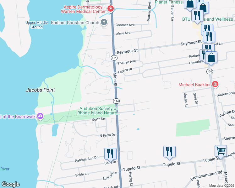 map of restaurants, bars, coffee shops, grocery stores, and more near 1082 Main Street in Warren