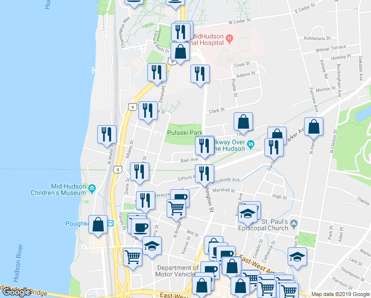 map of restaurants, bars, coffee shops, grocery stores, and more near 19 Vernon Terrace in Poughkeepsie