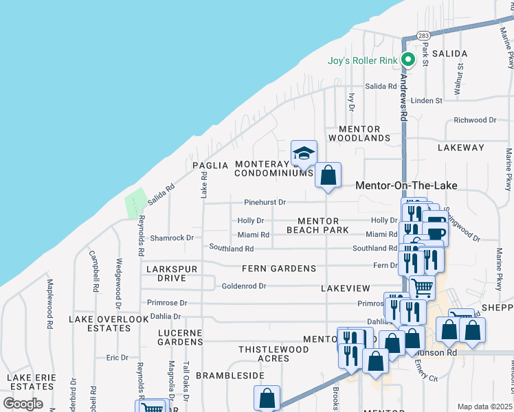map of restaurants, bars, coffee shops, grocery stores, and more near 7534 Pinehurst Drive in Mentor-on-the-Lake