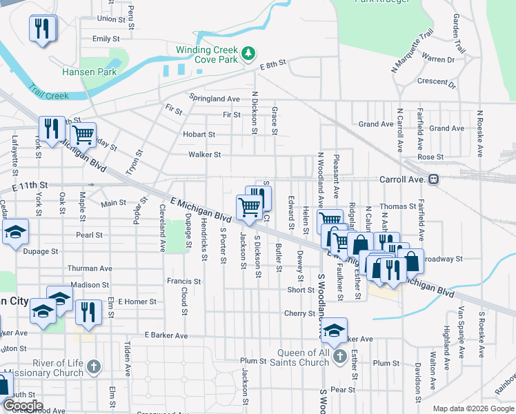 map of restaurants, bars, coffee shops, grocery stores, and more near 121 North Dickson Street in Michigan City