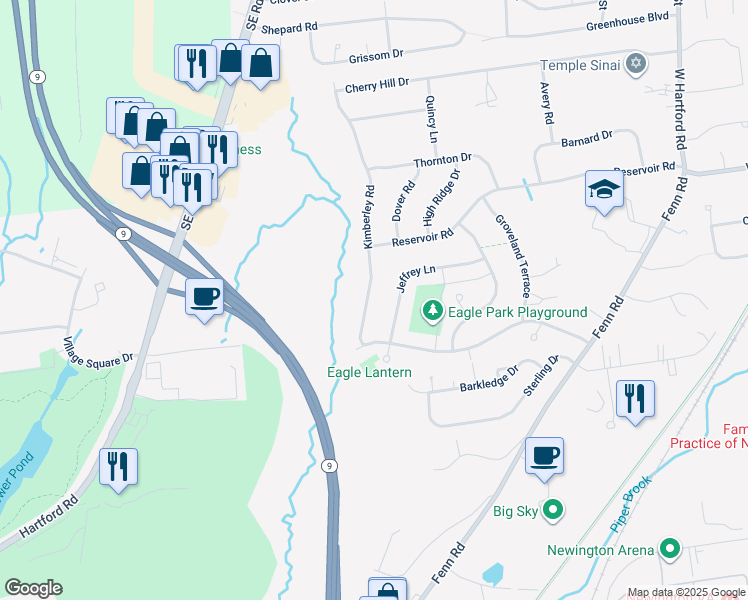 map of restaurants, bars, coffee shops, grocery stores, and more near 214 Kimberley Road in Newington