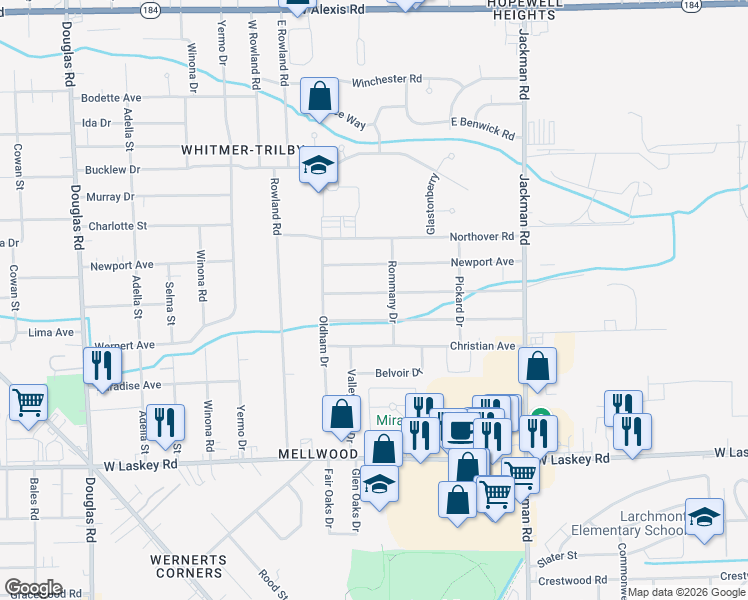 map of restaurants, bars, coffee shops, grocery stores, and more near 1951 Ketner Ave in Toledo