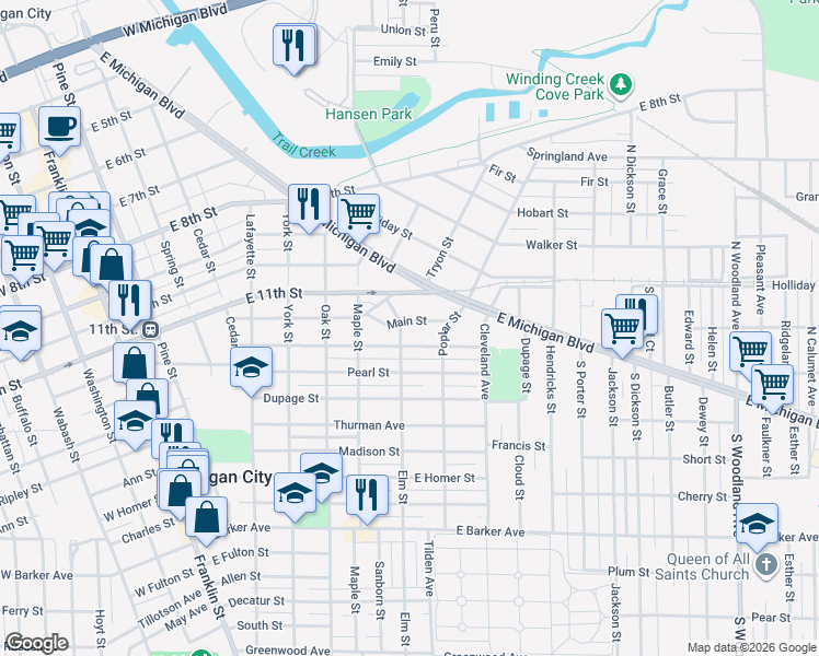 map of restaurants, bars, coffee shops, grocery stores, and more near 605 Main Street in Michigan City