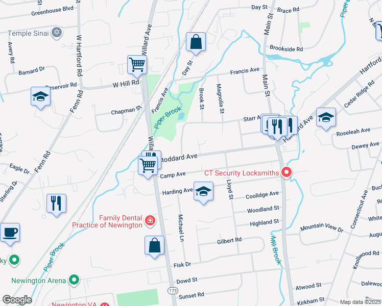 map of restaurants, bars, coffee shops, grocery stores, and more near 158 Stoddard Avenue in Newington