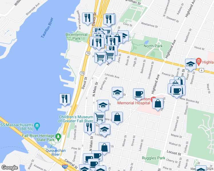 map of restaurants, bars, coffee shops, grocery stores, and more near 137 Barnaby Street in Fall River