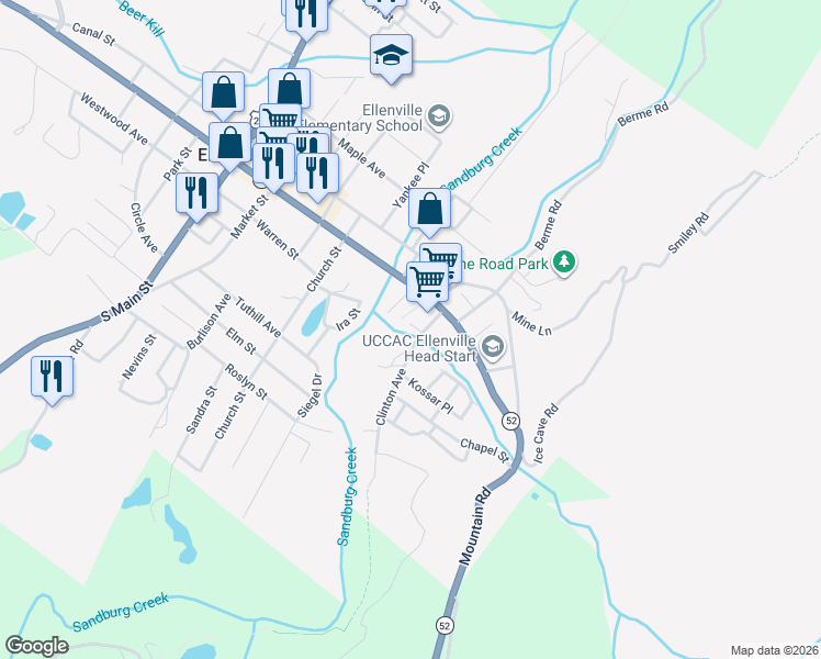map of restaurants, bars, coffee shops, grocery stores, and more near 19 Tyrone Thomas Lane in Ellenville