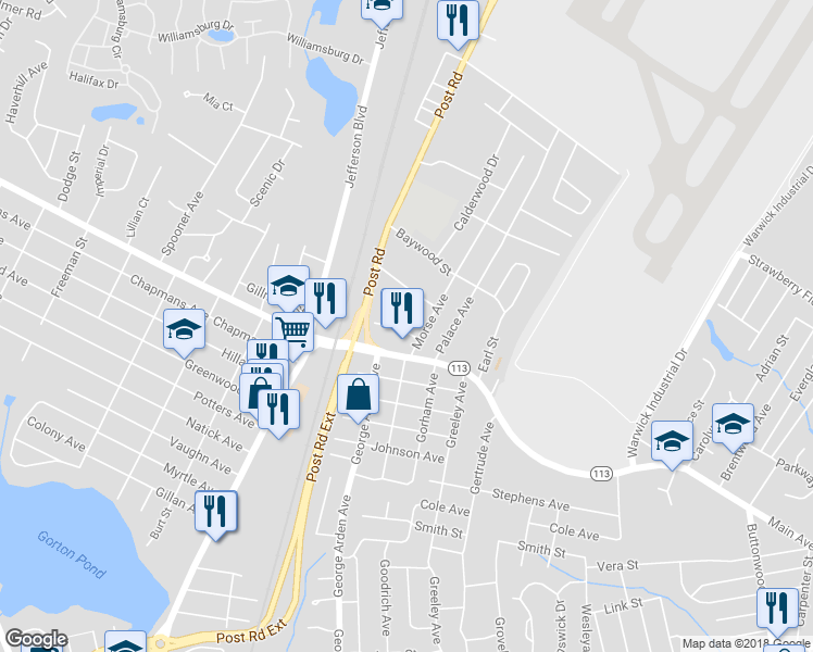 map of restaurants, bars, coffee shops, grocery stores, and more near 15 Kernick Street in Warwick