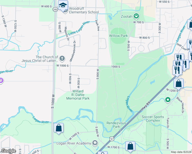 map of restaurants, bars, coffee shops, grocery stores, and more near 1075 Park Avenue in Logan