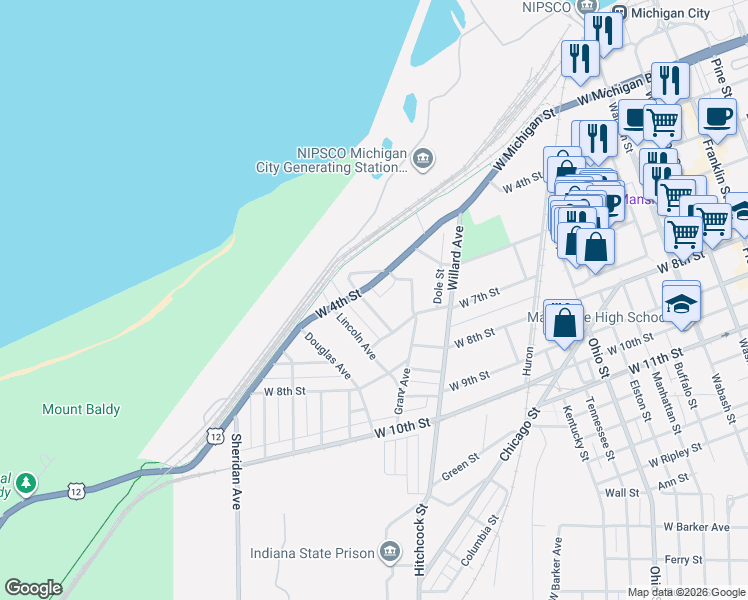 map of restaurants, bars, coffee shops, grocery stores, and more near 212 McClelland Avenue in Michigan City