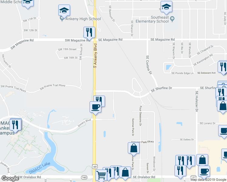map of restaurants, bars, coffee shops, grocery stores, and more near 244 Southeast Shurfine Drive in Ankeny