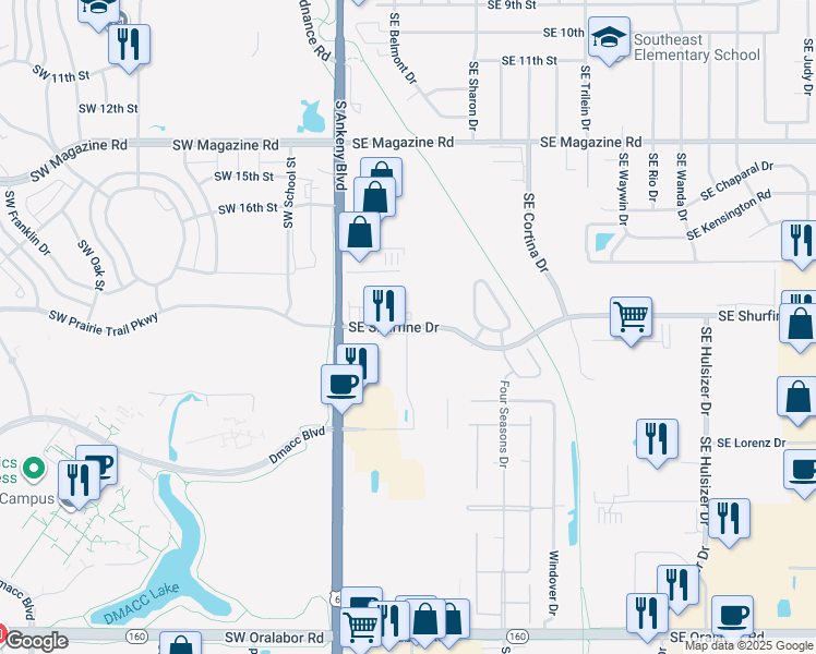 map of restaurants, bars, coffee shops, grocery stores, and more near 243 Southeast Shurfine Drive in Ankeny