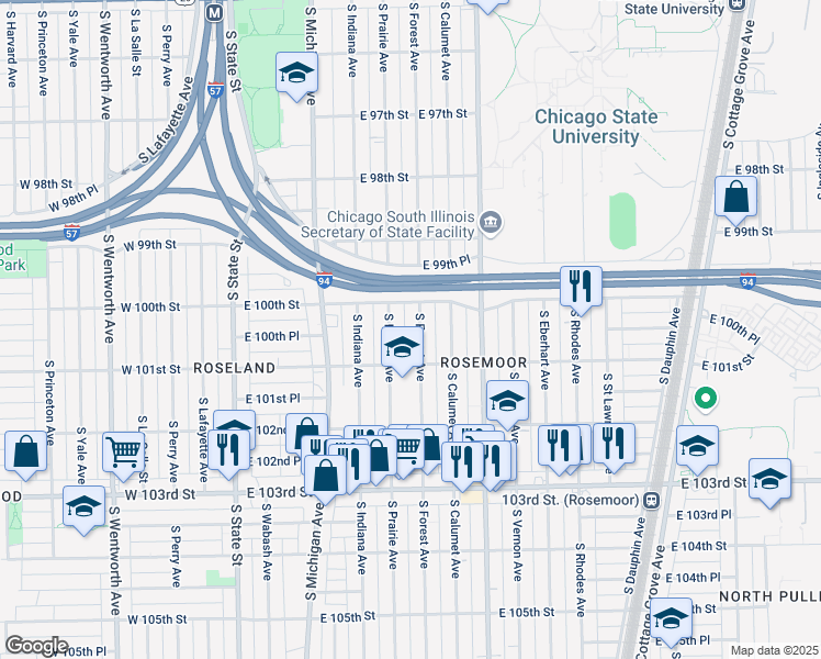 map of restaurants, bars, coffee shops, grocery stores, and more near 10022 South Forest Avenue in Chicago