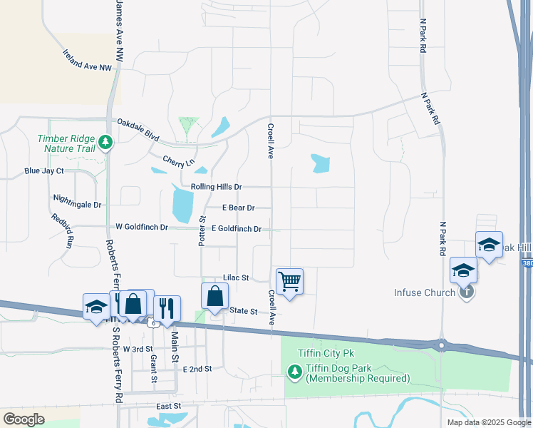 map of restaurants, bars, coffee shops, grocery stores, and more near 551 East Bear Drive in Tiffin