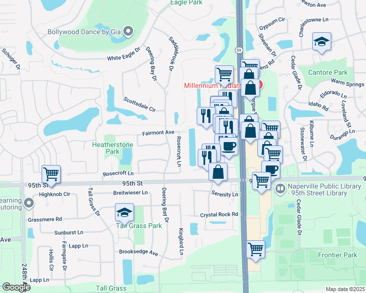 map of restaurants, bars, coffee shops, grocery stores, and more near 3323 Rosecroft Lane in Naperville