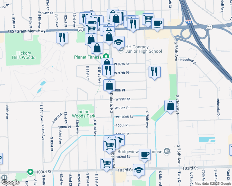 map of restaurants, bars, coffee shops, grocery stores, and more near 7947 98th Place in Hickory Hills