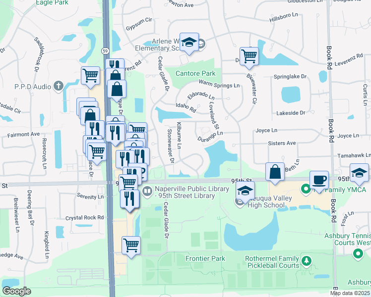 map of restaurants, bars, coffee shops, grocery stores, and more near 2611 Saint Albans Circle in Naperville