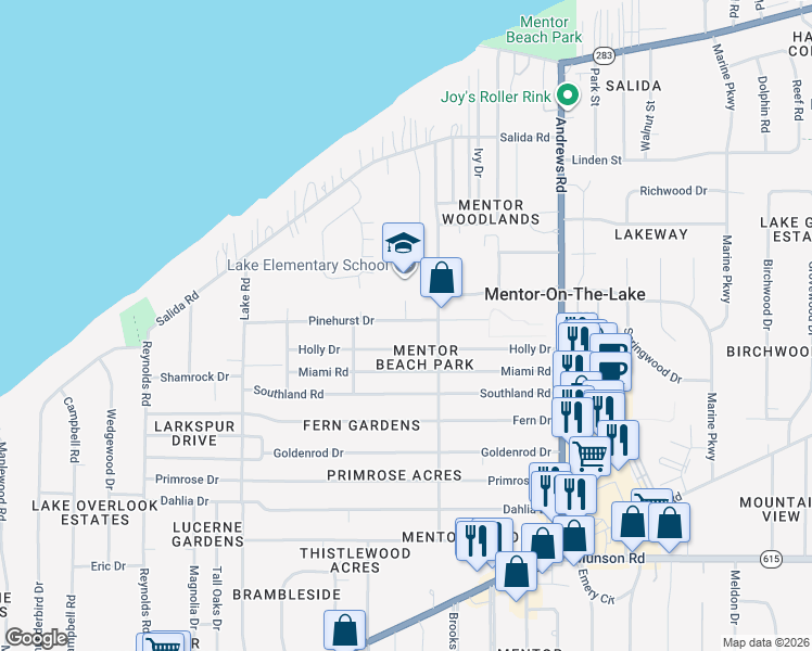 map of restaurants, bars, coffee shops, grocery stores, and more near 7626 Pinehurst Drive in Mentor-on-the-Lake