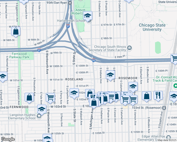 map of restaurants, bars, coffee shops, grocery stores, and more near 70 East 100th Place in Chicago
