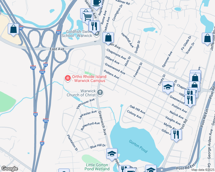 map of restaurants, bars, coffee shops, grocery stores, and more near 345 Thames Avenue in Warwick