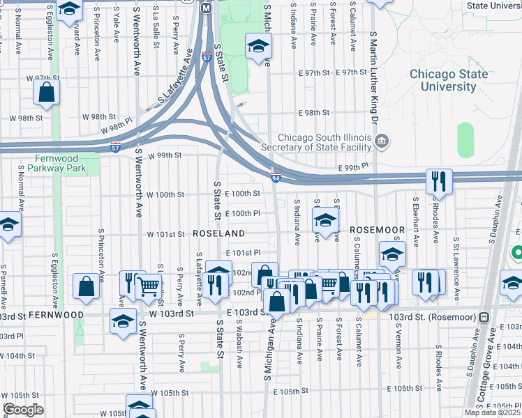 map of restaurants, bars, coffee shops, grocery stores, and more near 70 East 100th Place in Chicago