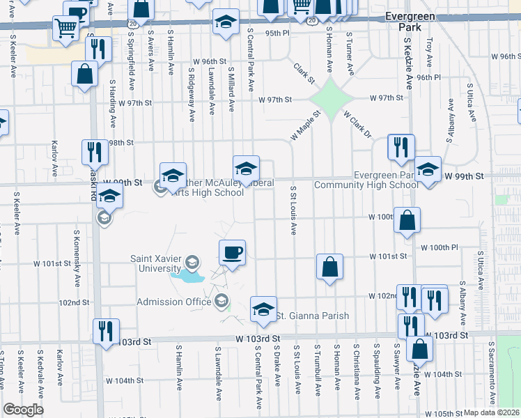 map of restaurants, bars, coffee shops, grocery stores, and more near 9941 South Central Park Avenue in Evergreen Park