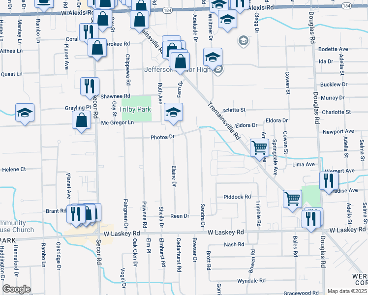 map of restaurants, bars, coffee shops, grocery stores, and more near 5311 Fern Drive in Toledo