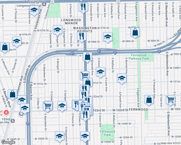 map of restaurants, bars, coffee shops, grocery stores, and more near 10010 S Emerald Ave in Chicago