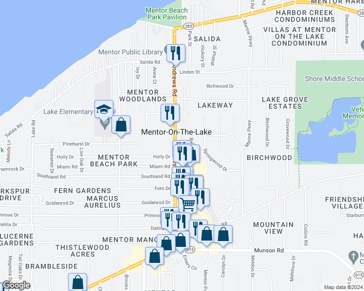map of restaurants, bars, coffee shops, grocery stores, and more near 5871 Buckeye Lane in Mentor-on-the-Lake