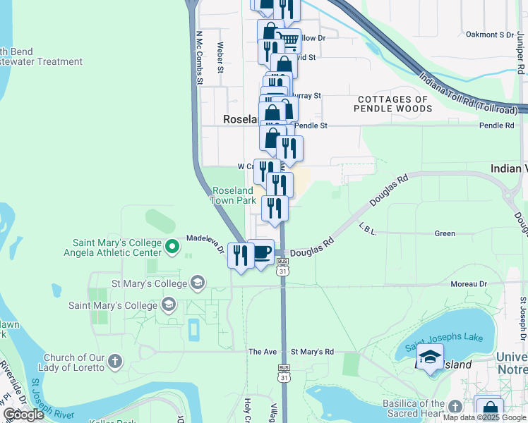 map of restaurants, bars, coffee shops, grocery stores, and more near 121 Clancy Street in South Bend