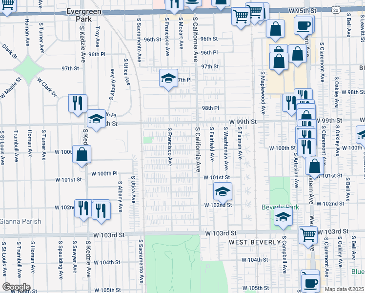 map of restaurants, bars, coffee shops, grocery stores, and more near 2826 West 100th Street in Evergreen Park