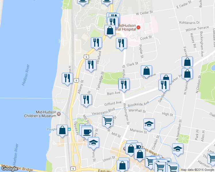 map of restaurants, bars, coffee shops, grocery stores, and more near 31 Vernon Terrace in Poughkeepsie