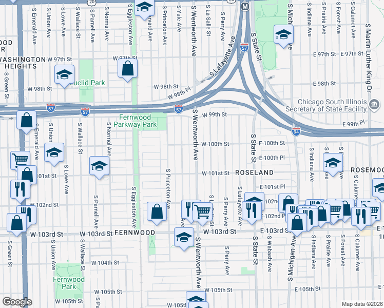 map of restaurants, bars, coffee shops, grocery stores, and more near 10018 S Wentworth Ave in Chicago