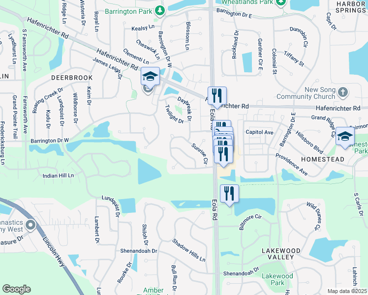 map of restaurants, bars, coffee shops, grocery stores, and more near 2350 Sunshine Lane in Aurora