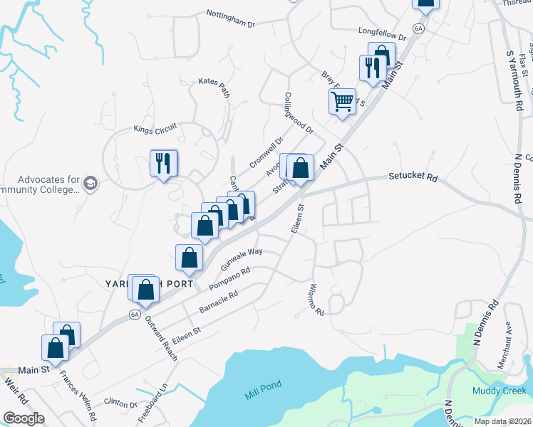 map of restaurants, bars, coffee shops, grocery stores, and more near 822 Massachusetts 6A in Yarmouth
