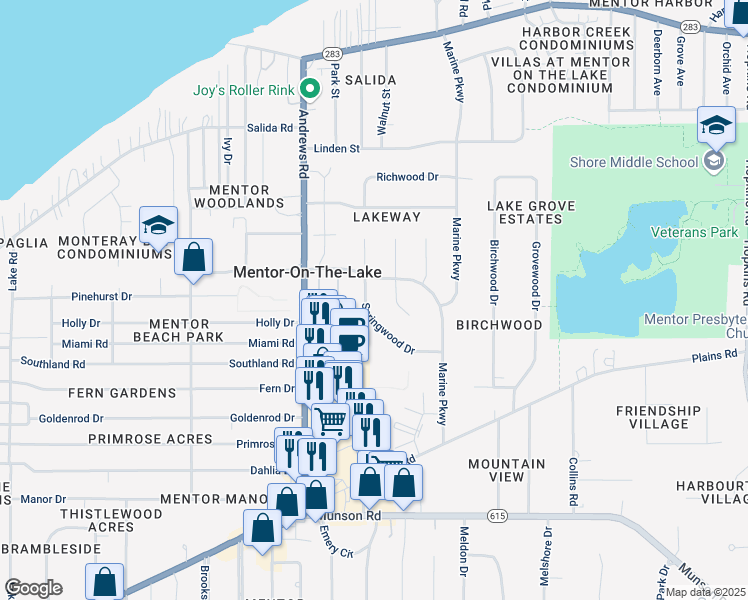 map of restaurants, bars, coffee shops, grocery stores, and more near 5853 Springwood Drive in Mentor-on-the-Lake