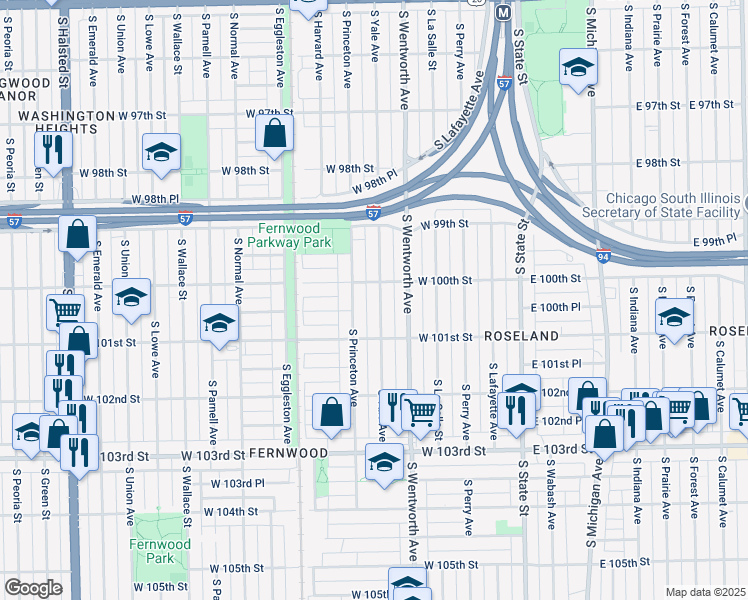 map of restaurants, bars, coffee shops, grocery stores, and more near 10016 South Yale Avenue in Chicago