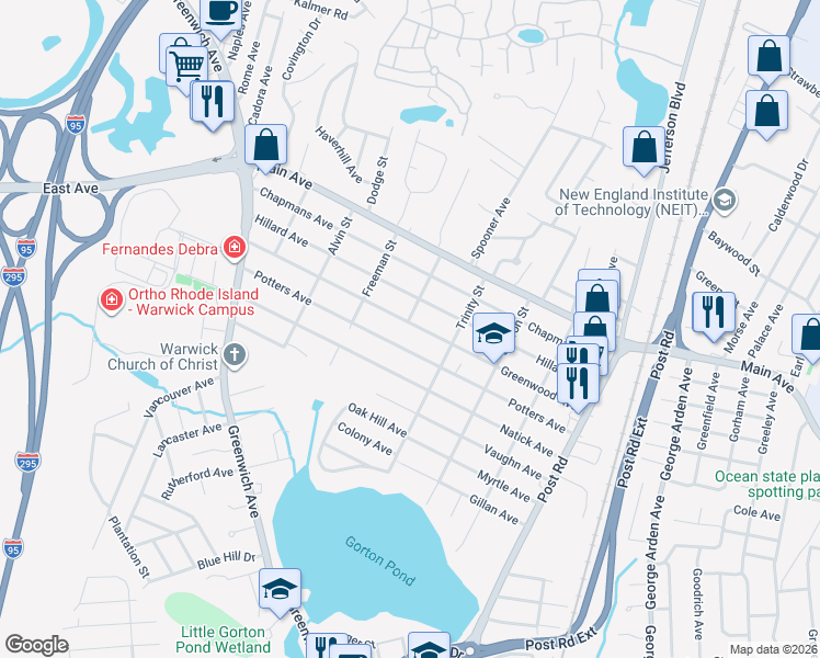 map of restaurants, bars, coffee shops, grocery stores, and more near 202 Greenwood Ave in Warwick