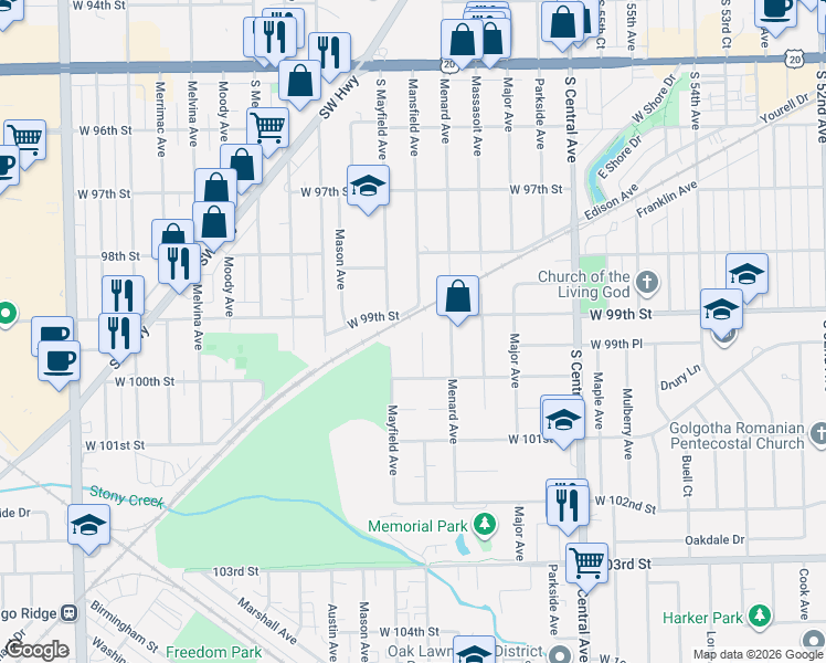 map of restaurants, bars, coffee shops, grocery stores, and more near 9912 Mansfield Avenue in Oak Lawn