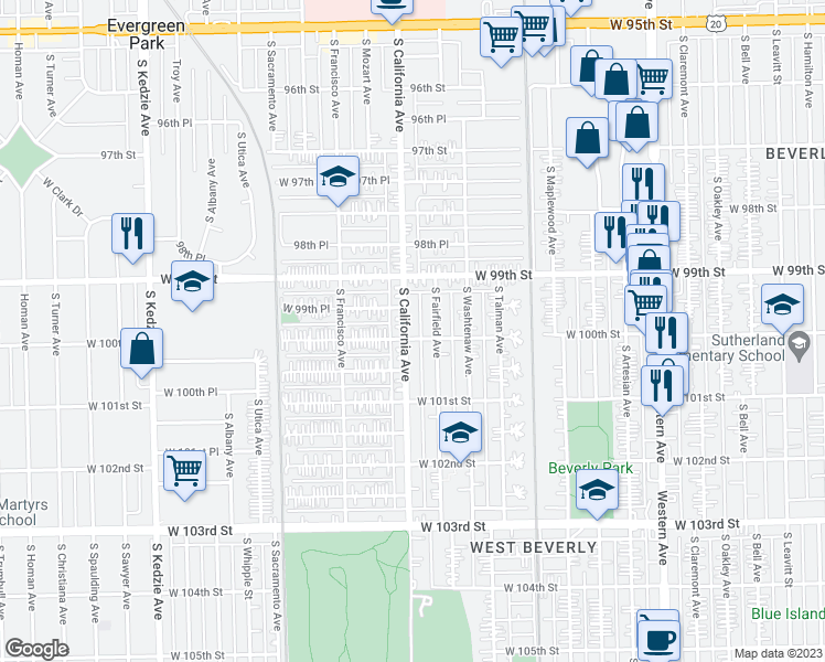 map of restaurants, bars, coffee shops, grocery stores, and more near 9953 South California Avenue in Chicago