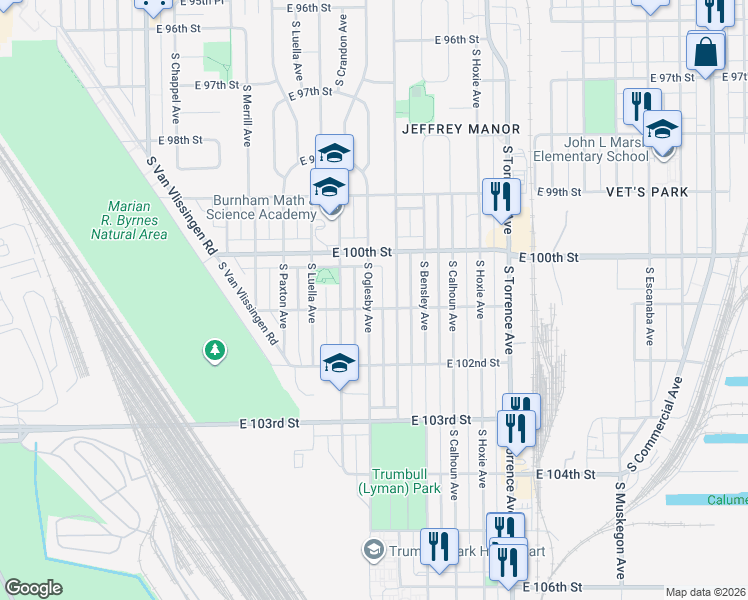 map of restaurants, bars, coffee shops, grocery stores, and more near 10055 South Oglesby Avenue in Chicago