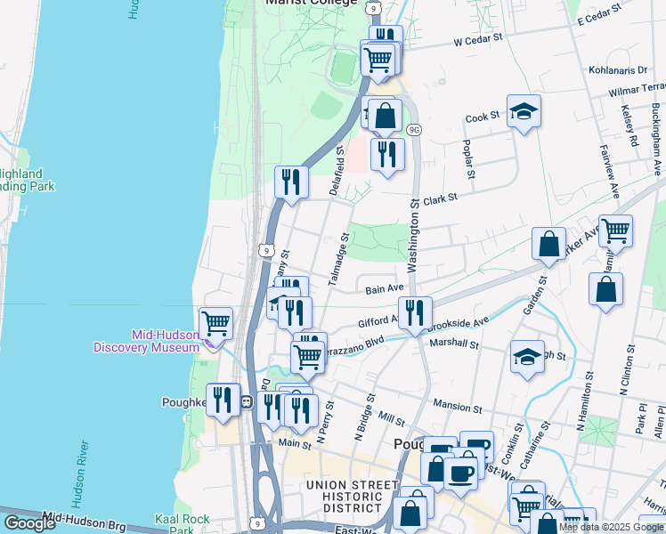 map of restaurants, bars, coffee shops, grocery stores, and more near 59 Talmadge Street in Poughkeepsie