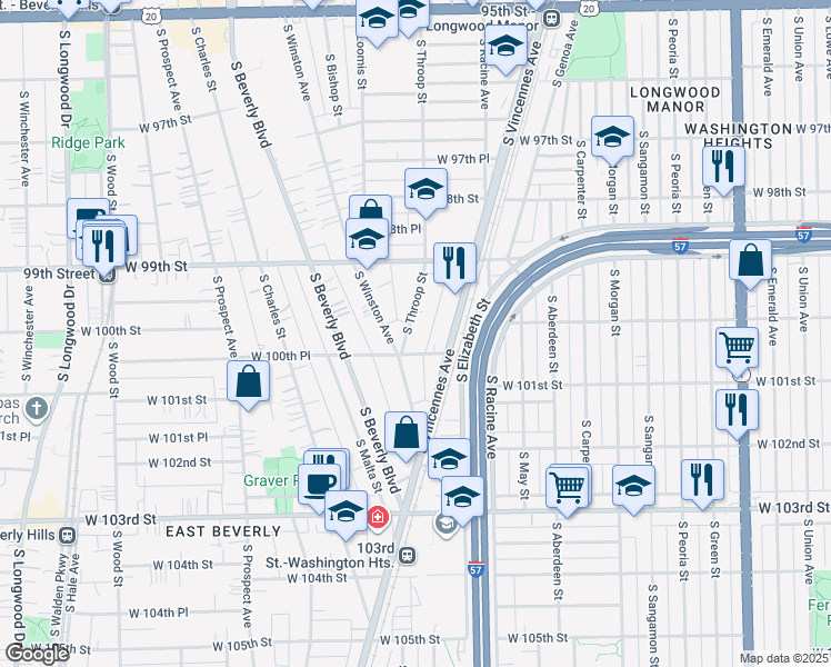 map of restaurants, bars, coffee shops, grocery stores, and more near 9973 South Throop Street in Chicago