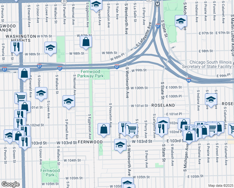 map of restaurants, bars, coffee shops, grocery stores, and more near 10016 South Yale Avenue in Chicago