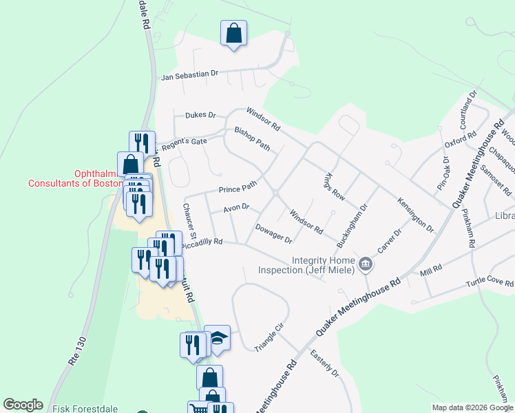 map of restaurants, bars, coffee shops, grocery stores, and more near 11 Avon Drive in Sandwich