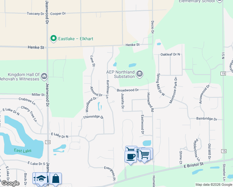 map of restaurants, bars, coffee shops, grocery stores, and more near 23528 Broadwood Dr in Elkhart