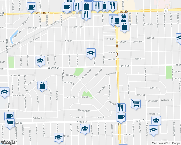 map of restaurants, bars, coffee shops, grocery stores, and more near 9917 Harnew Road West in Oak Lawn