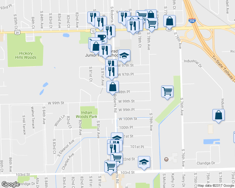 map of restaurants, bars, coffee shops, grocery stores, and more near 7947 98th Place in Hickory Hills